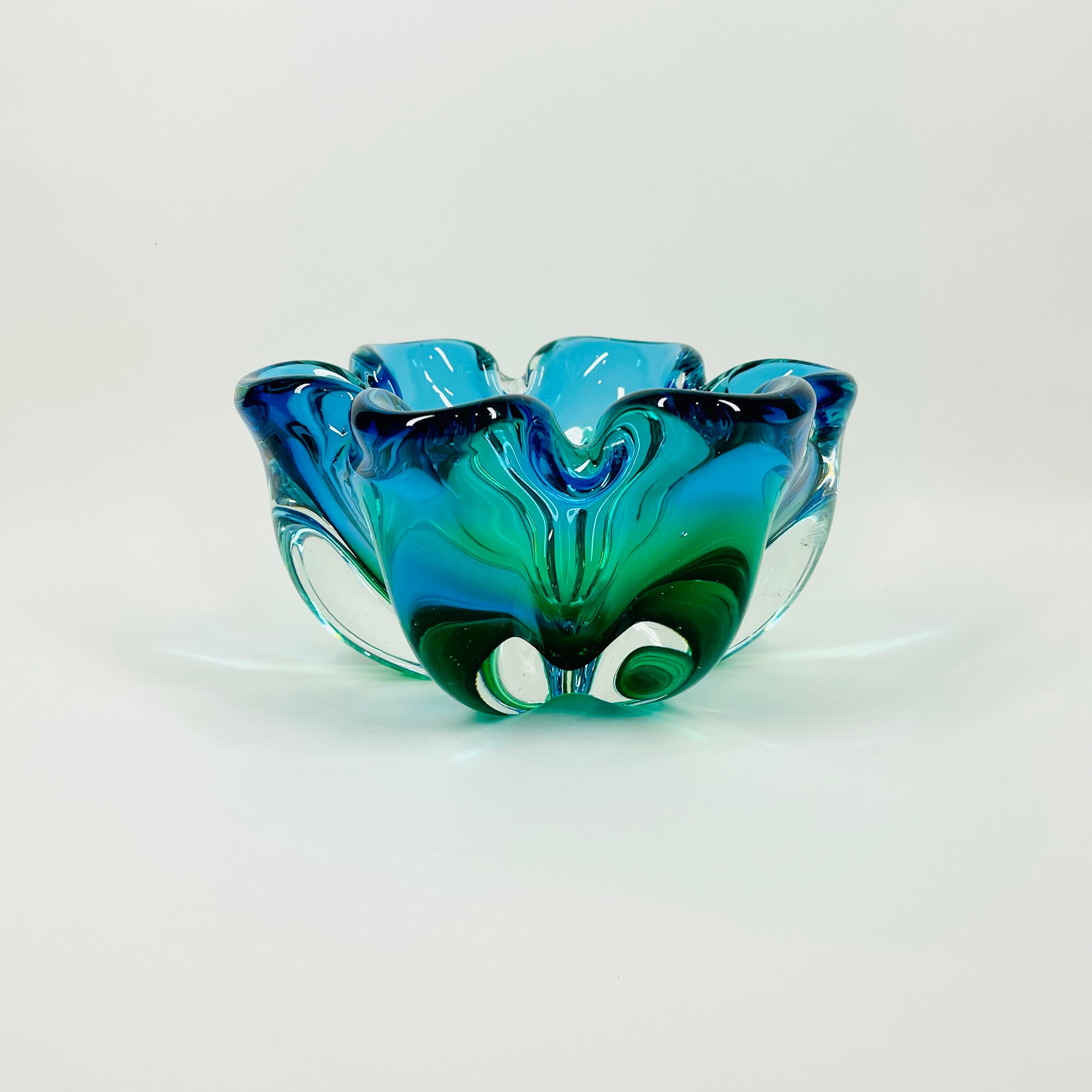 1970s JAPANESE HINERI GREEN BLUE HARLEQUIN SOMMERSO GLASS BOWL/ASHTRAY