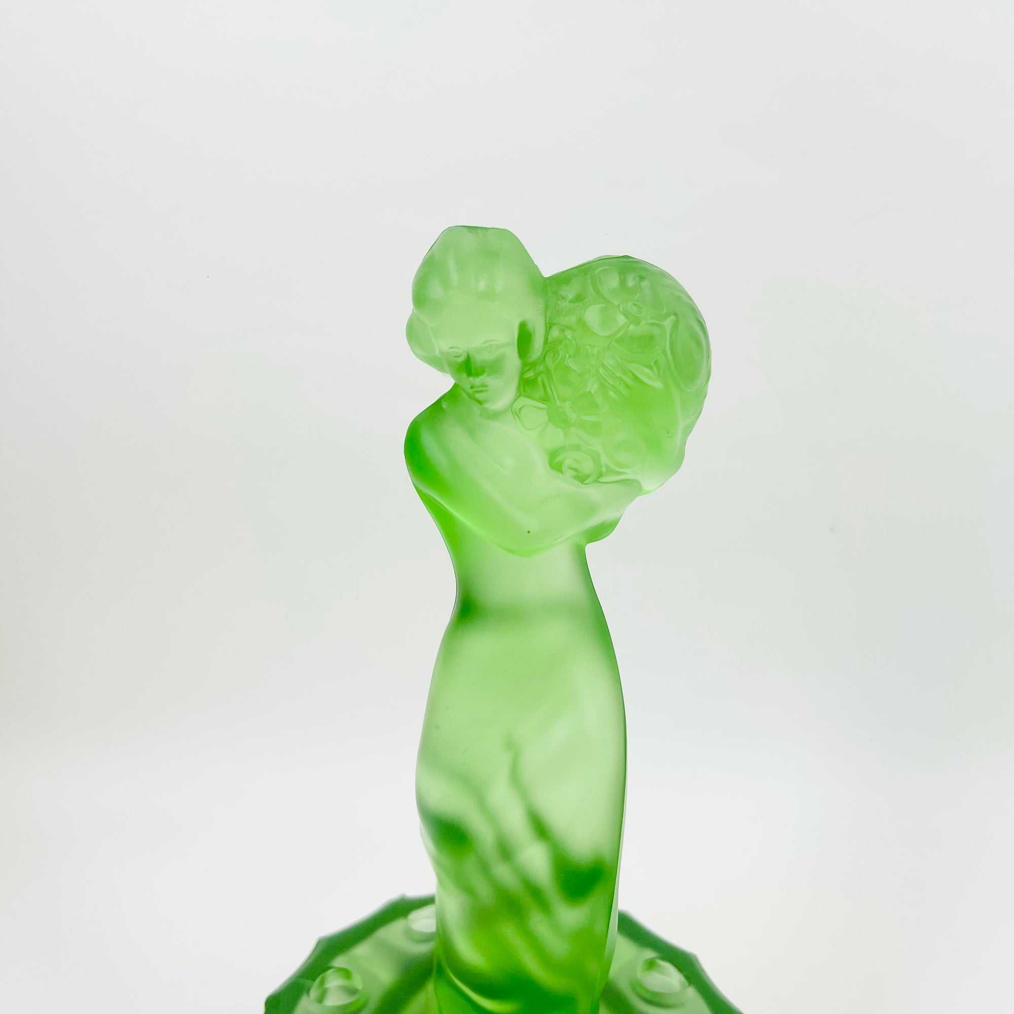 ANTIQUE ART DECO GREEN SATIN URANIUM GLASS LADY FLOWER FROG