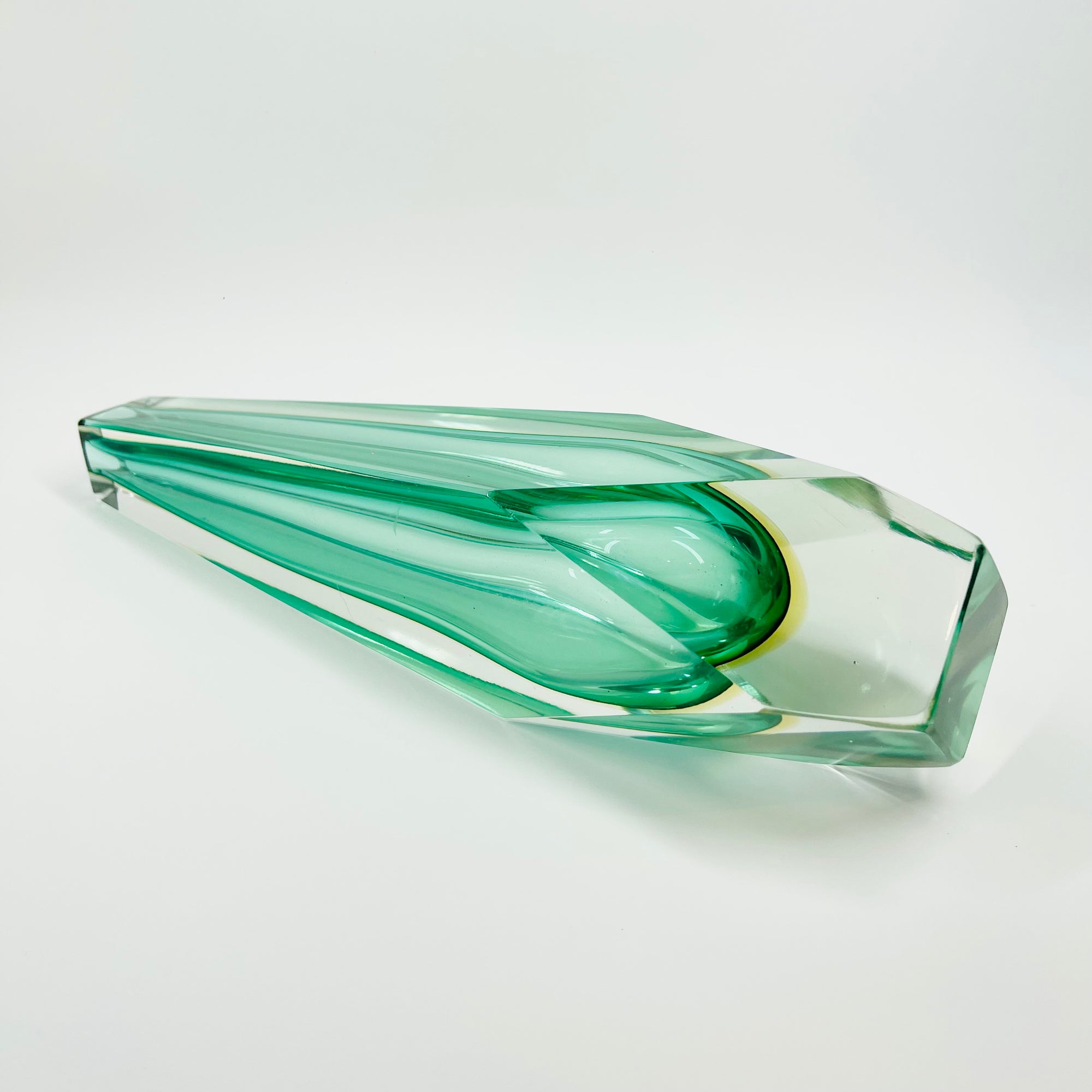 1980s TURQUOISE YELLOW SOMMERSO GLASS HEXAGON MANDRUZZATO VASE