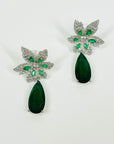 VINTAGE ART DECO STYLE GP COSTUME GREEN DIAMONTE FLOWER DROP PIERCED EARRINGS