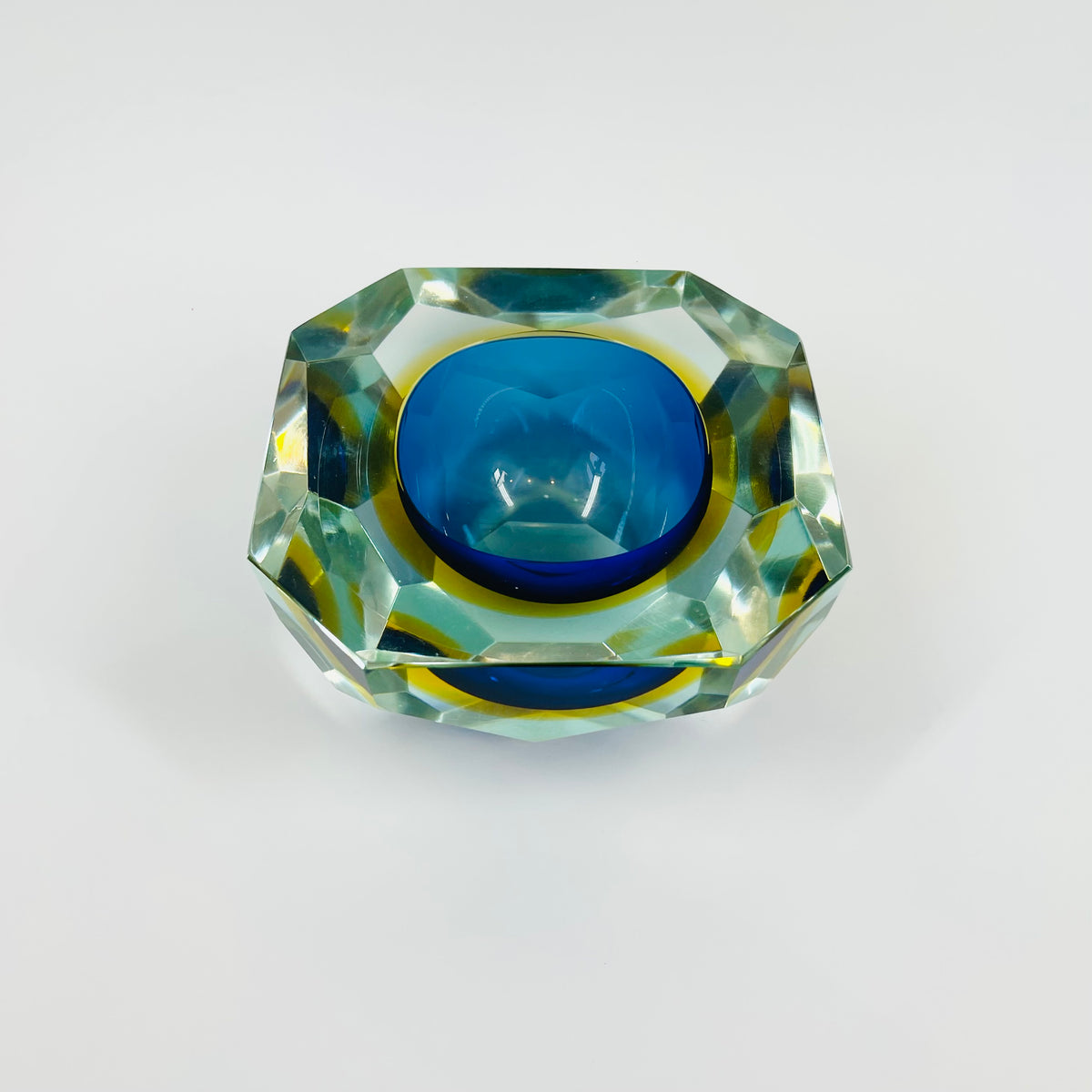 1950s MURANO MANDRUZZATO COBALT BLUE AMBER SOMMERSO DIAMOND FACETED GLASS BOWL