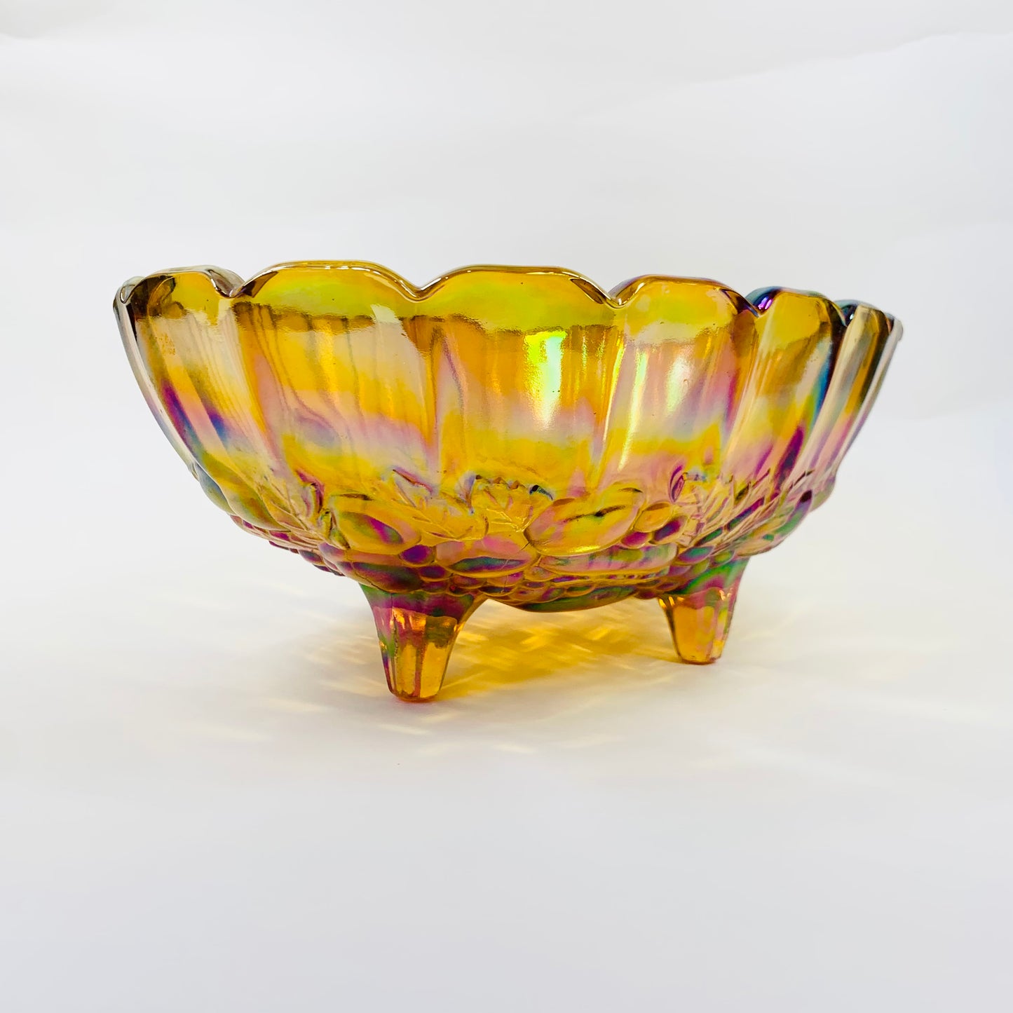 ANTIQUE CARNIVAL PRESSED AMBER GLASS FOOTED BOWL