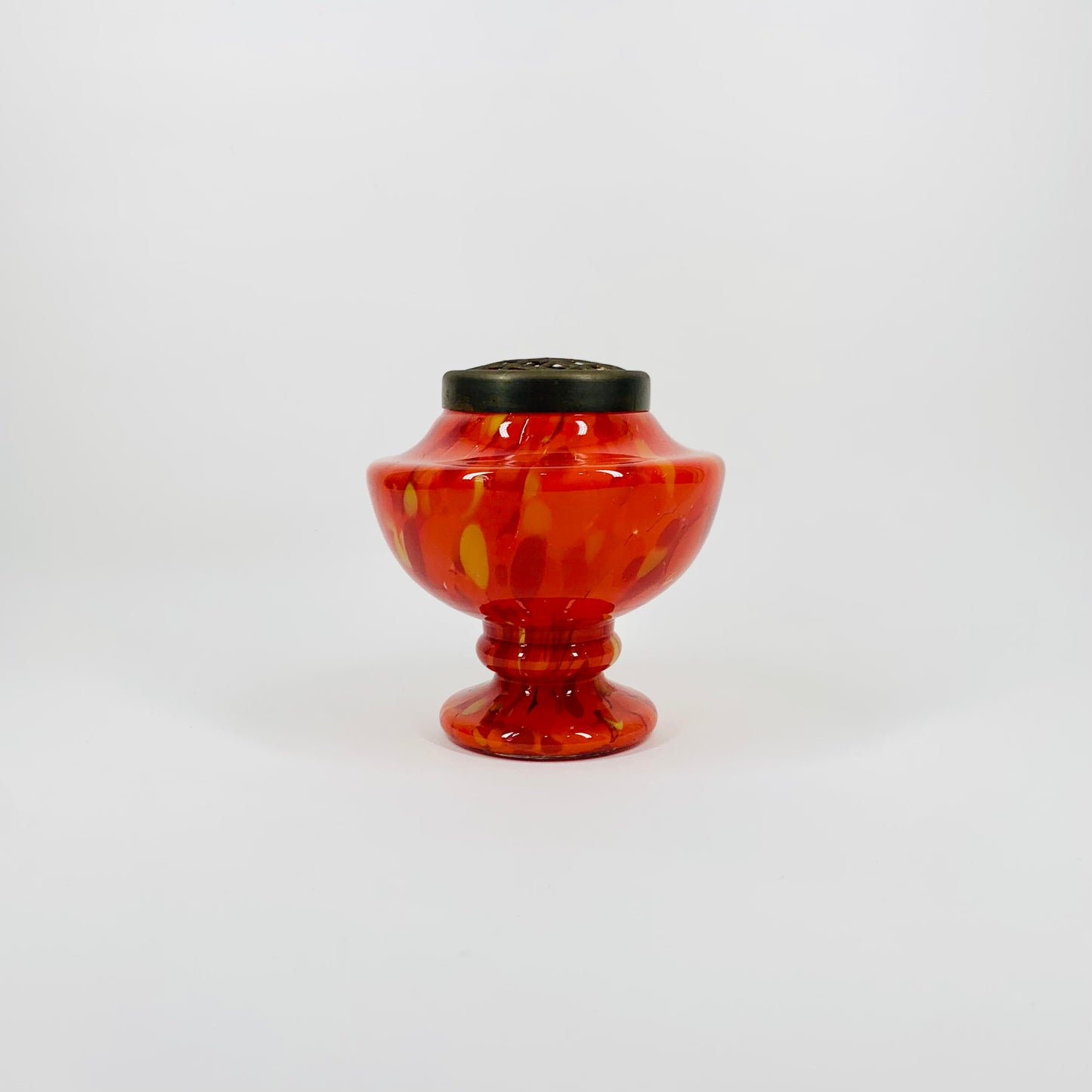 ANTIQUE RED ORANGE SPATTER POSY VASE WITH BRASS FROG