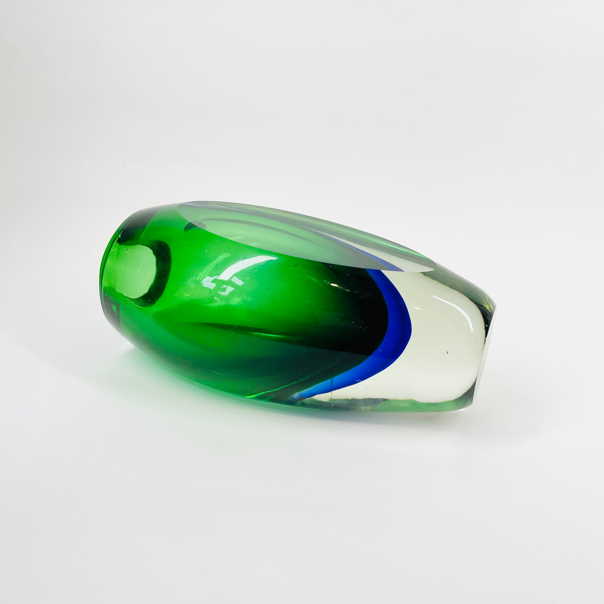 1960s GREEN BLUE HARLEQUIN MURANO SOMMERSO FACETED GLASS BLOCK VASE