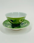 ANTIQUE HAND PAINTED JAPANESE CRANE FINE BONE PORCELAIN MINI SAKE CUP & SAUCER