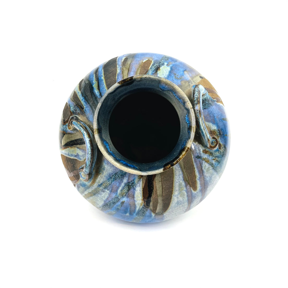 1980s AUSTRALIAN BLUE BROWN GLAZED POTTERY AMPHORA VASE