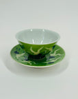 ANTIQUE HAND PAINTED JAPANESE CRANE FINE BONE PORCELAIN MINI SAKE CUP & SAUCER