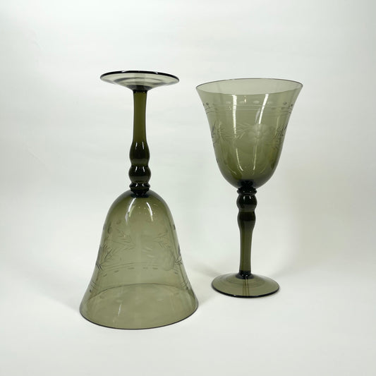 LARGE 1950s ETCHED GREY GOBLET GLASSES