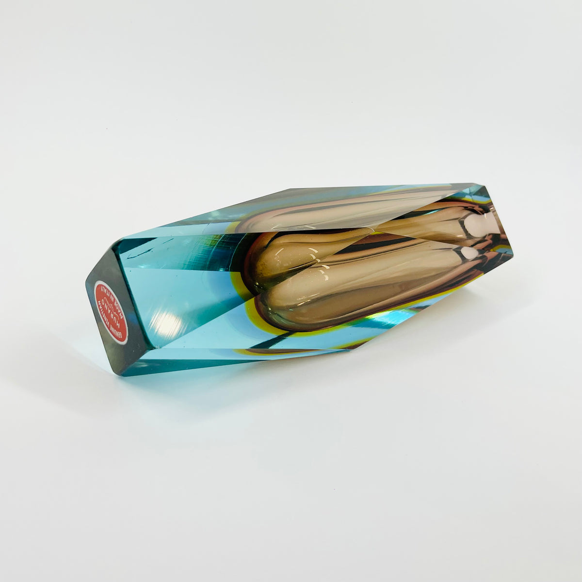 1960s BROWN YELLOW TURQUOISE MURANO SOMMERSO FACETED GLASS BLOCK VASE