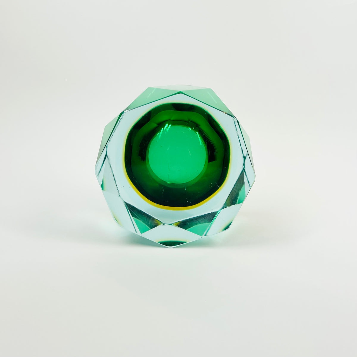 1940s GREEN BLUE GOLD AMBER MURANO MANDRUZZATO SOMMERSO DIAMOND FACETED GLASS BOWL/ASHTRAY