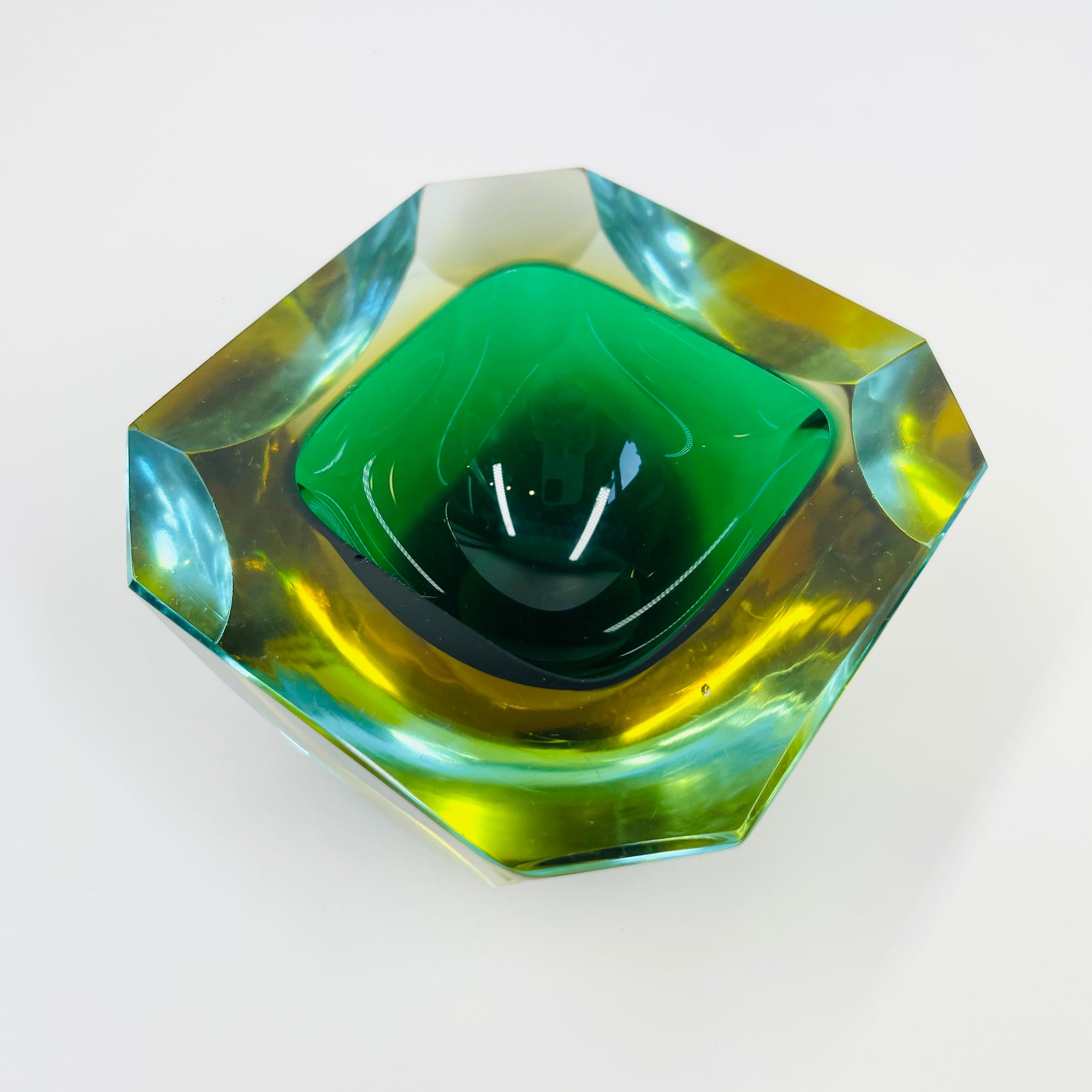 1950s FACETED MURANO GREEN BLUE GOLD GEODE BOWL