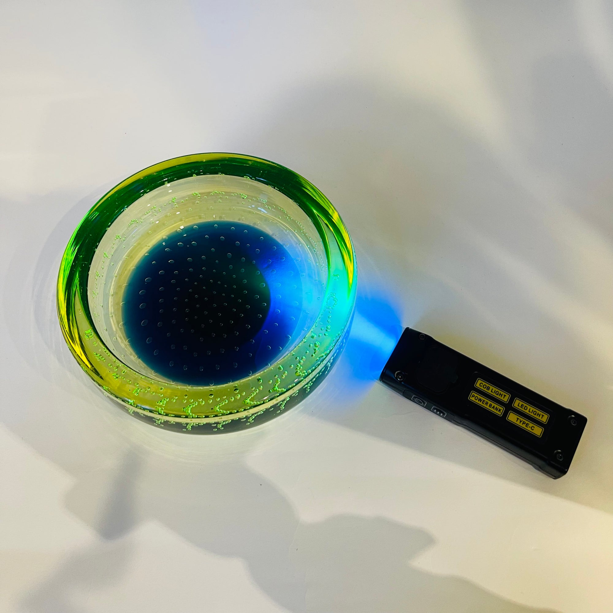 1950s GREEN BLUE MURANO URANIUM SOMMERSO GLASS BOWL/ASHTRAY WITH CONTROLLED BUBBLES