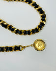 1980s CHANEL BLACK LEATHER GOLD PLATED LOGO BELT