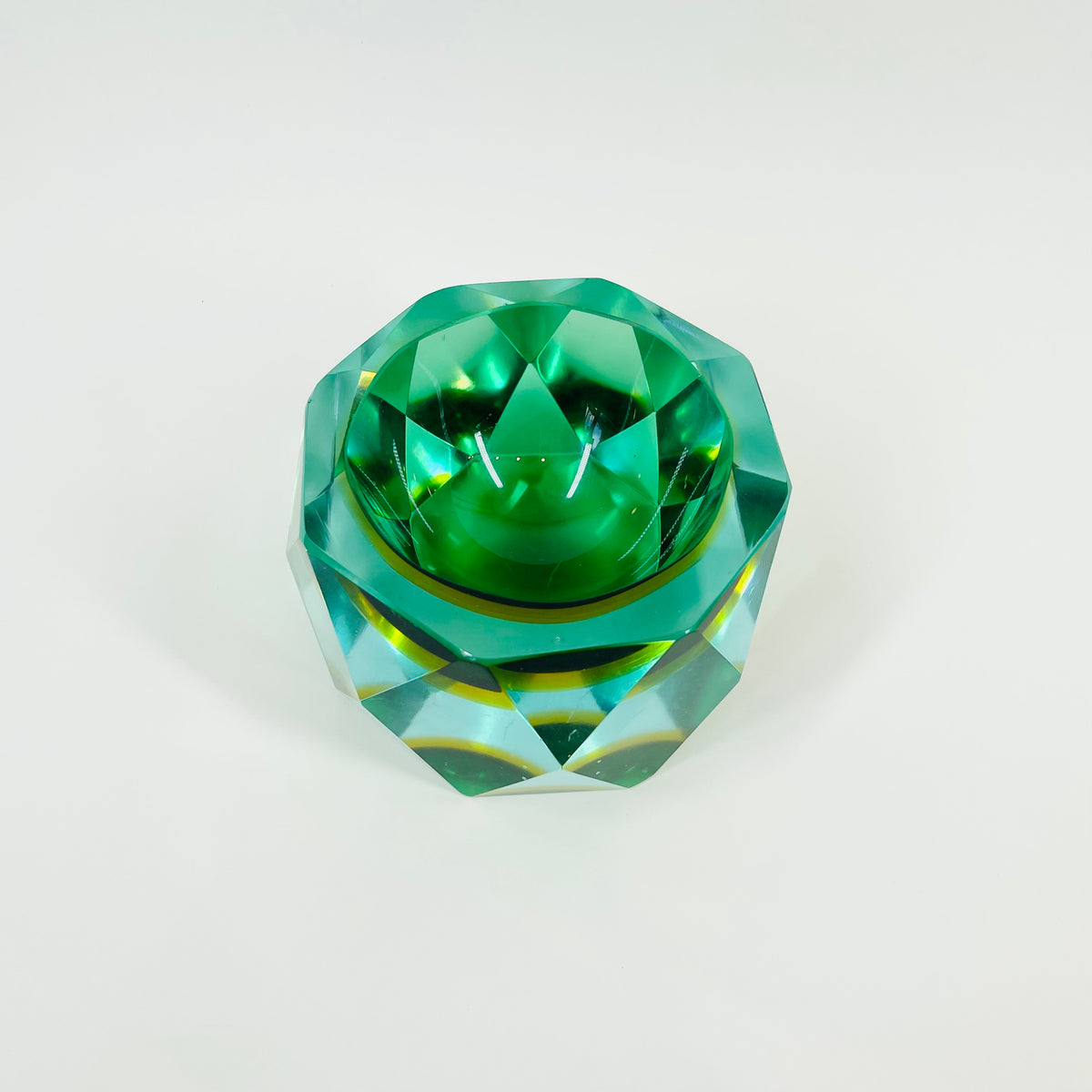 1940s GREEN BLUE GOLD AMBER MURANO MANDRUZZATO SOMMERSO DIAMOND FACETED GLASS BOWL/ASHTRAY