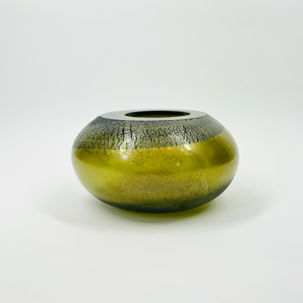 1980s MURANO GREEN SATIN GLASS SQUAT VASE WITH SILVER GOLD AVENTURINE