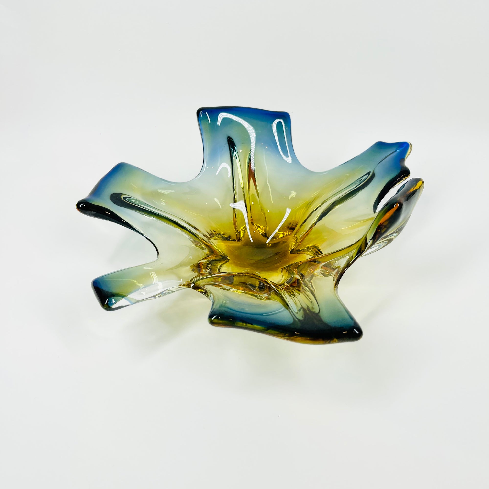1950s MURANO AMBER BLUE OMBRE GLASS PINCHED LEAF BOWL/ASHTRAY