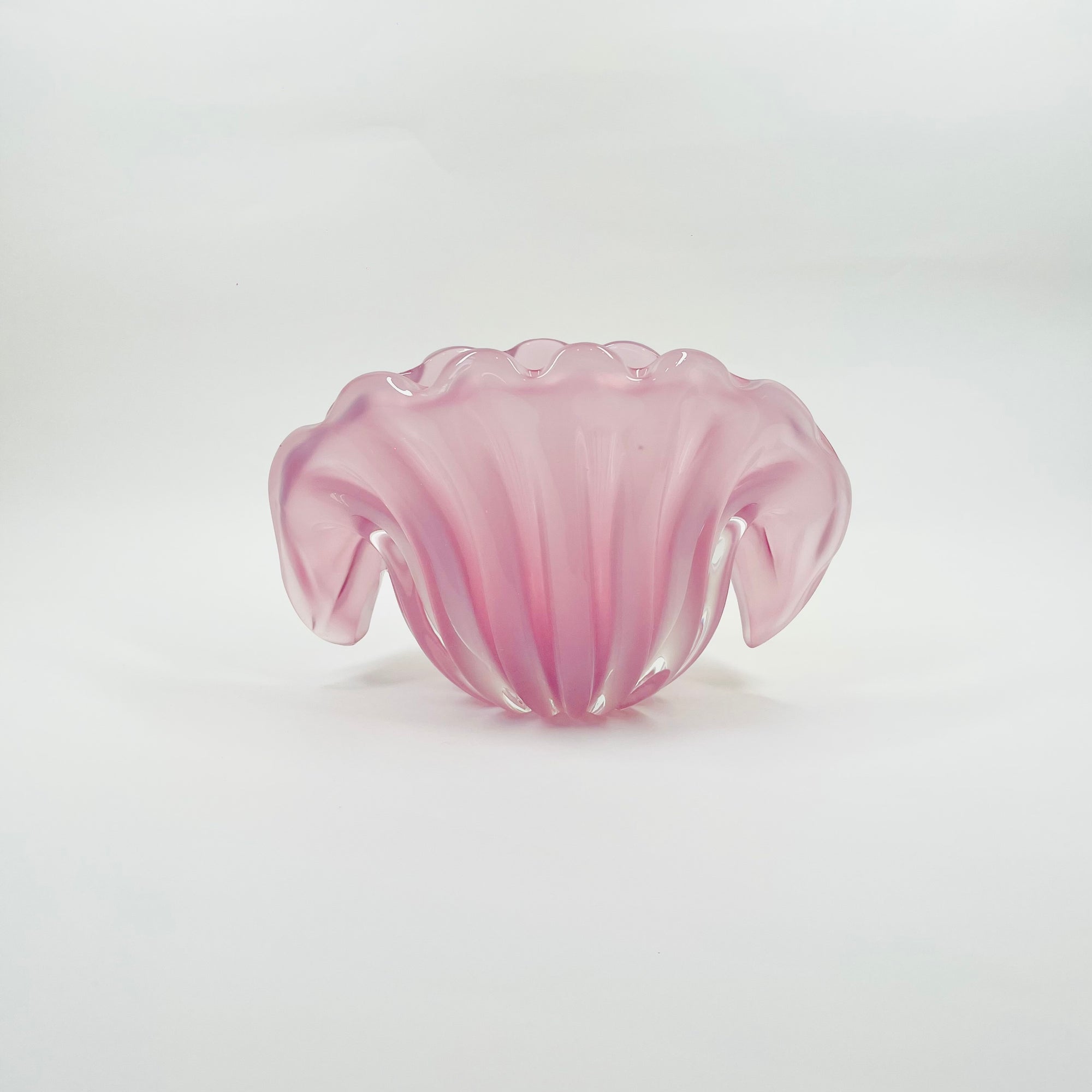 1950s PINK MURANO RIBBED OPALINE GLASS SHELL BOWL (MEDIUM)