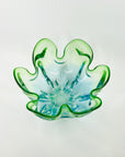 LARGE 1970s JAPANESE GREEN TURQUOISE BLUE SOMMERSO GLASS HANDKERCHIEF VASE/BOWLL