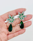 VINTAGE ART DECO STYLE GP COSTUME GREEN DIAMONTE FLOWER DROP PIERCED EARRINGS