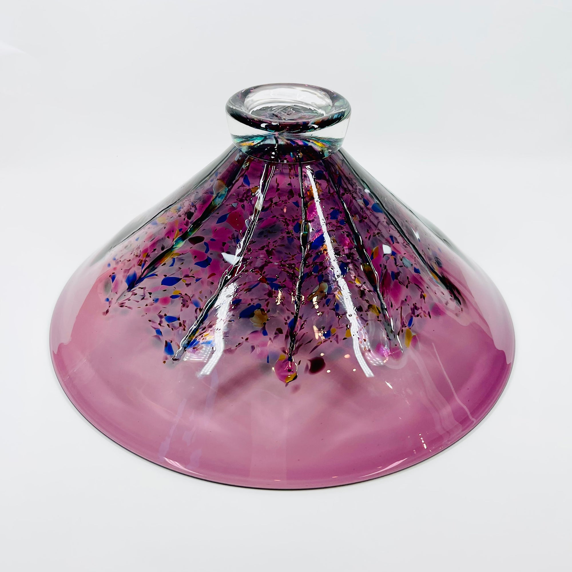 1990s AUSTRALIAN MOUTH BLOWN PINK PURPLE SPATTER ART GLASS BOWL BY MATT LARWOOD