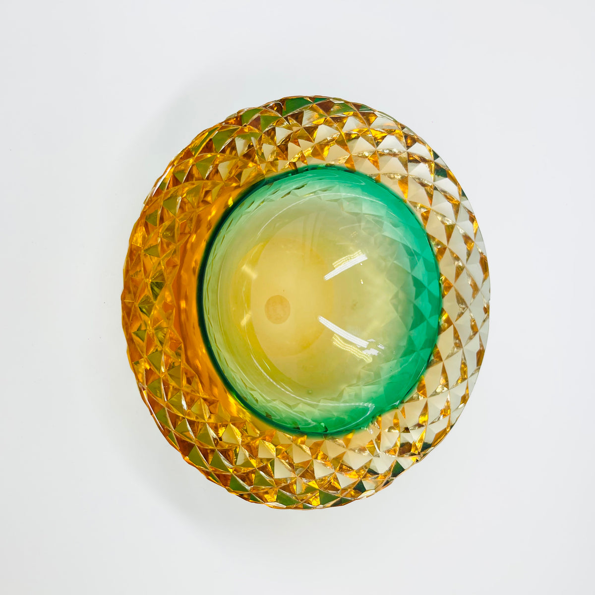 1920s GREEN GOLD AMBER MURANO MANDRUZZATO SOMMERSO FACETED GLASS BOWL/ASHTRAY