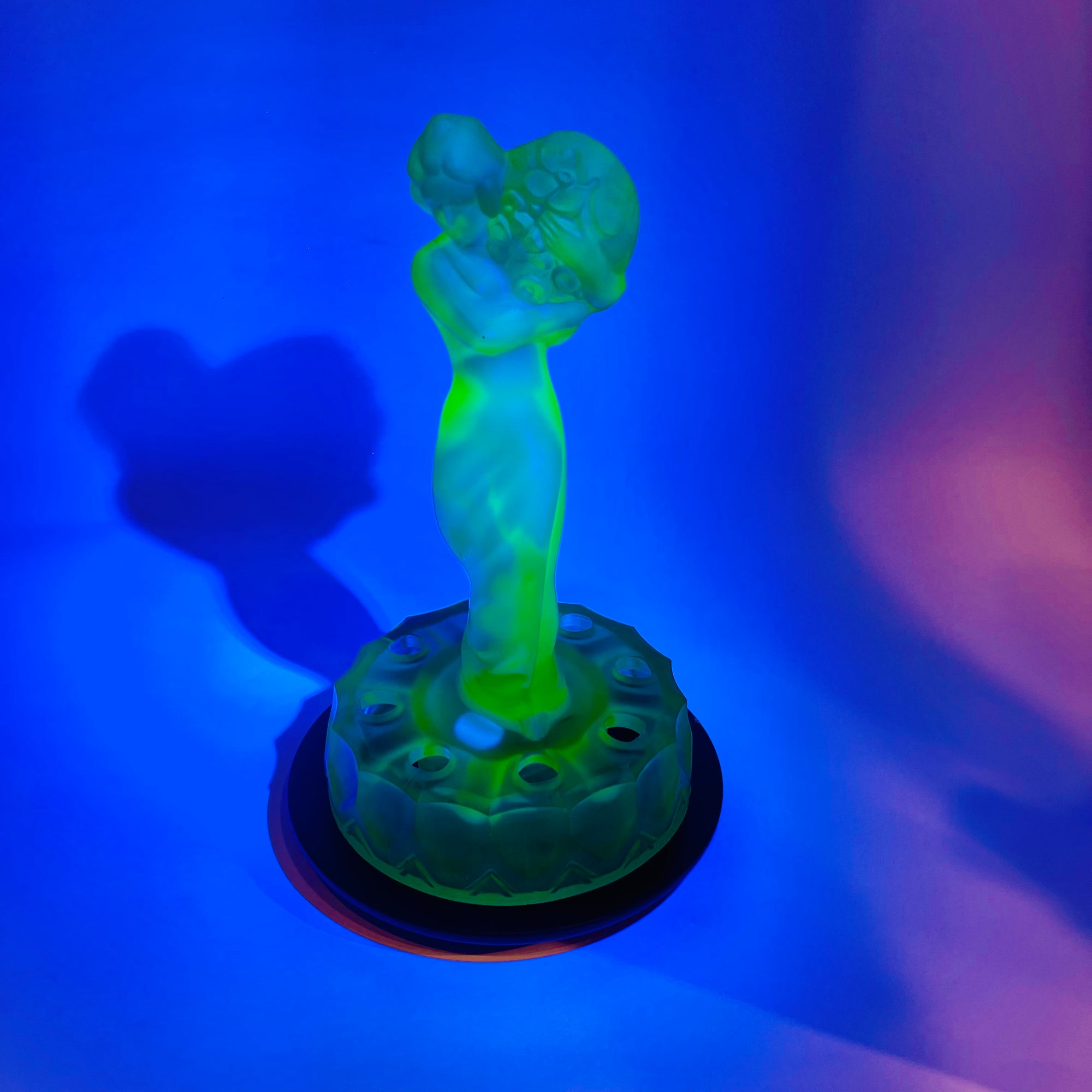 ANTIQUE ART DECO GREEN SATIN URANIUM GLASS LADY FLOWER FROG
