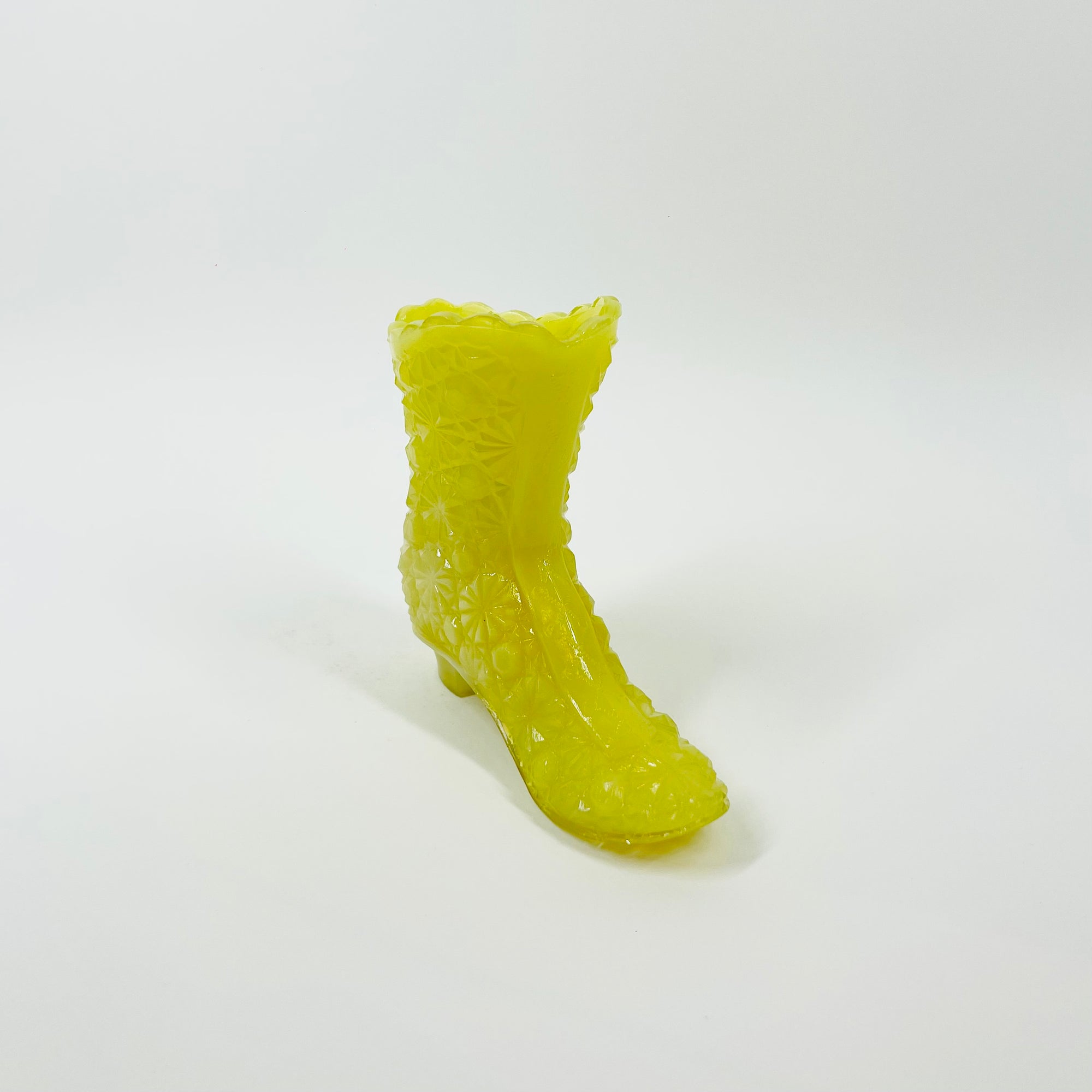 1940s FENTON PRESSED COLOUR MILK GLASS BOOT/MINI VASE