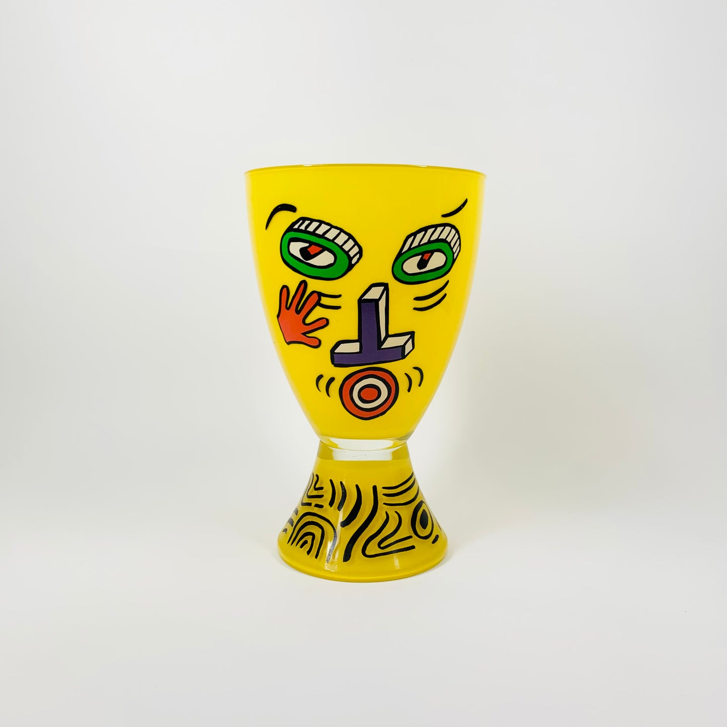 1980s MEMPHIS MILANO HAND PAINTED YELLOW GLASS VASE BY NATHALIE DU PASQUIER