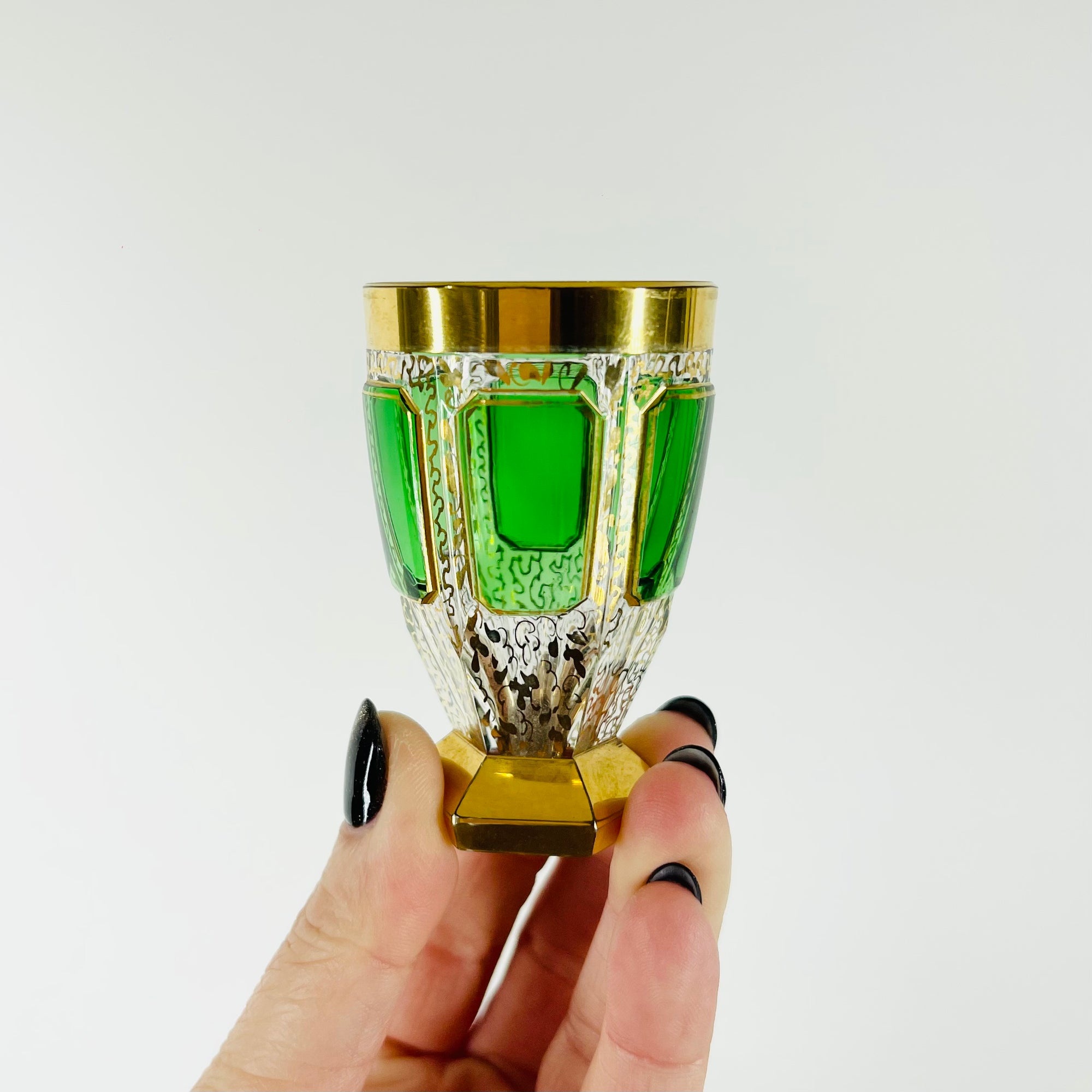 ANTIQUE ART DECO HAND CUT GOLD GILDED GREEN CRYSTAL DECANTER SET