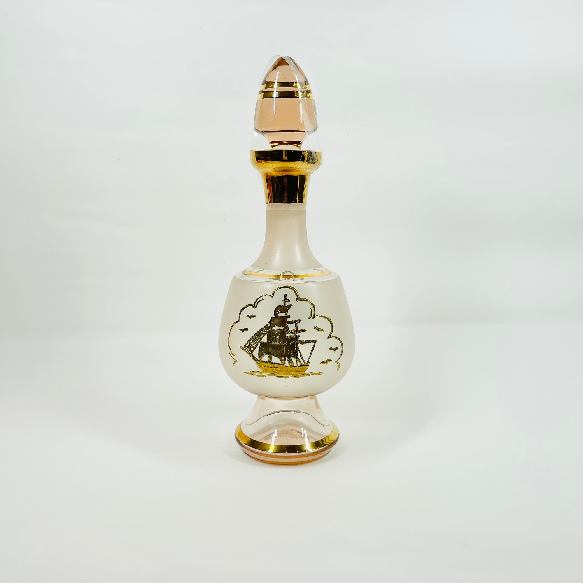 1950s PINK GOLD GILDED SHIP GLASS DECANTER SET