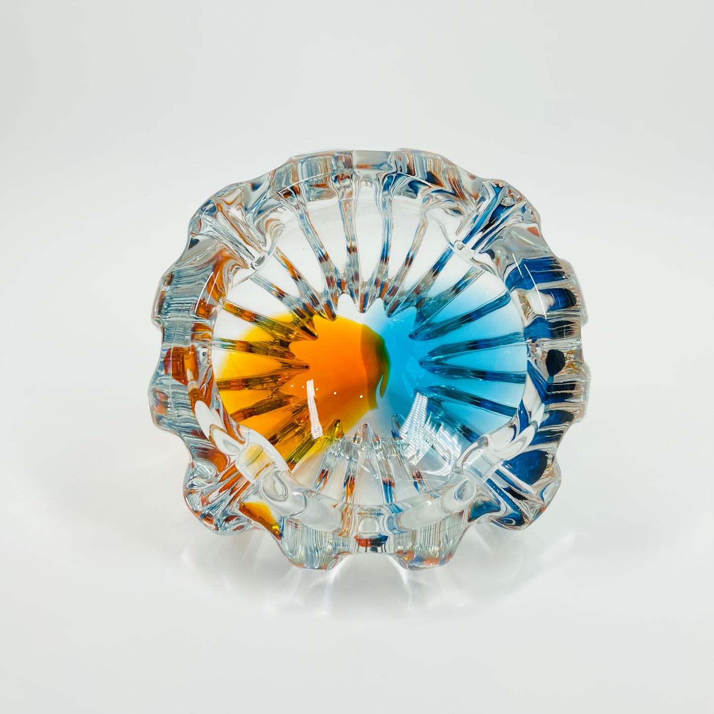 1970s JAPANESE HINERI ORANGE BLUE SOMMERSO GLASS ASHTRAY