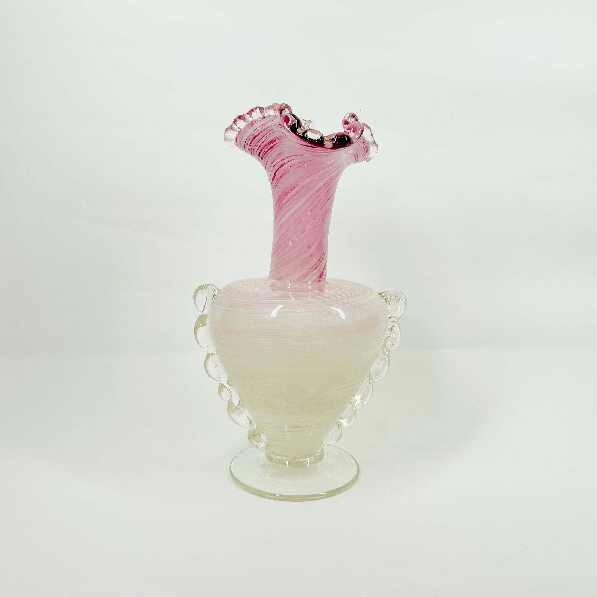 ANTIQUE MURANO PINK WHITE LATTICINO SOMMESO GLASS FOOTED RUFFLE RIM VASE