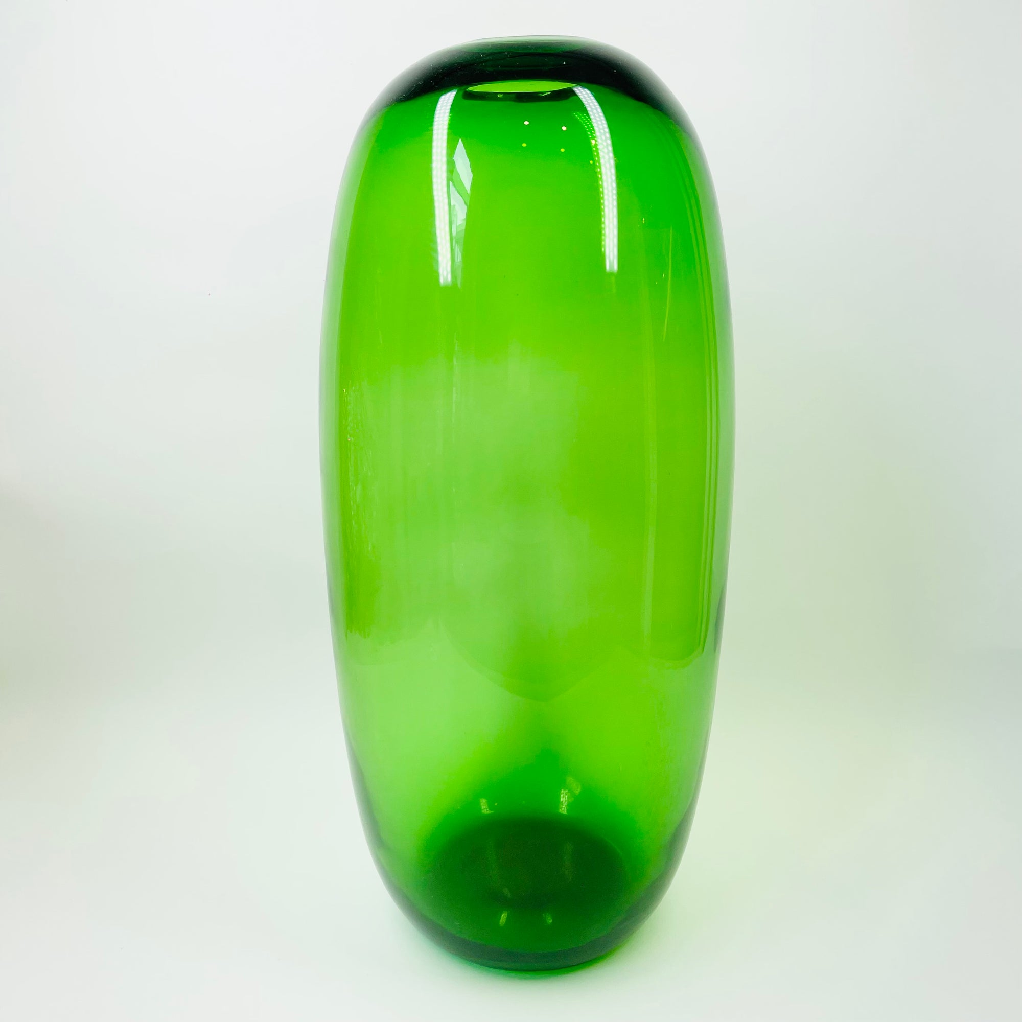 LARGE 1960s SWEDISH ORREFORS HAND MADE GREEN GLASS OBLONG VASE