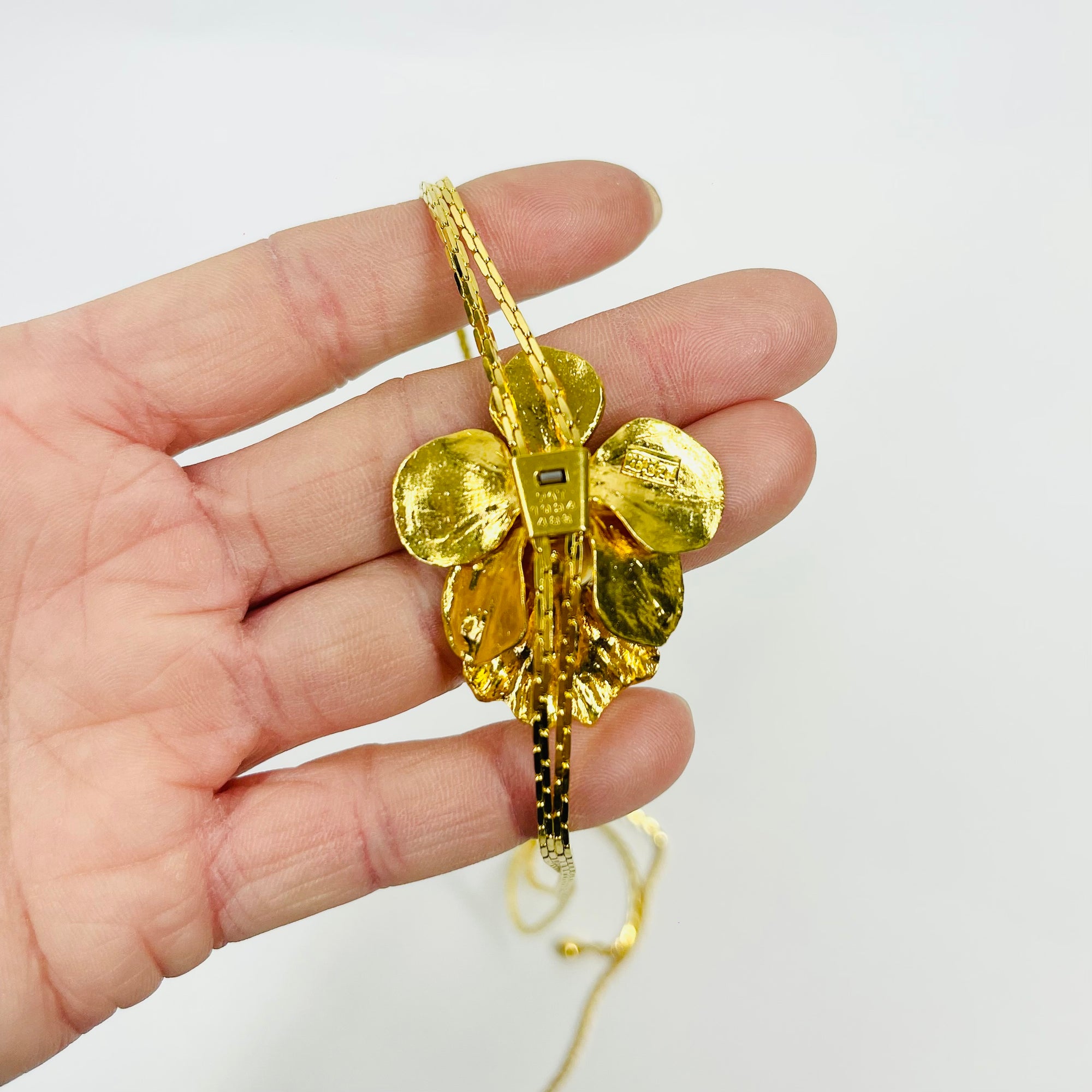 1980s IRIS 24K GP ORCHID LARIAT NECKLACE