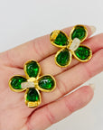 1980s CHANEL GRIPOIX GREEN GLASS FLOWERS CLIP ON EARRINGS