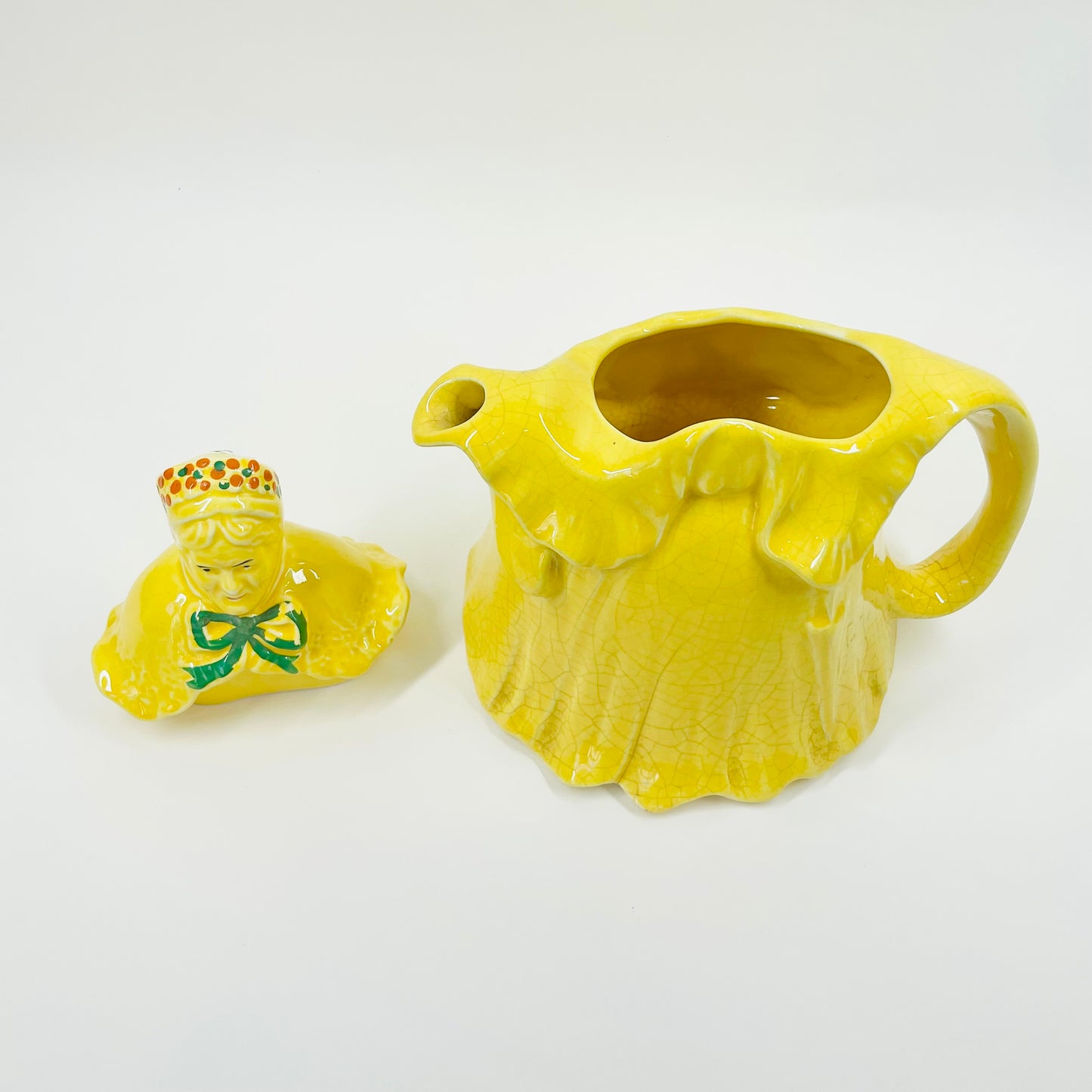 1930s HAND PAINTED ENGLISH YELLOW PORCELAIN LADY TEA POT