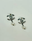 2000 CHANEL GUNMETAL DIAMANTE LOGO PEARL DROP PIERCED EARRINGS