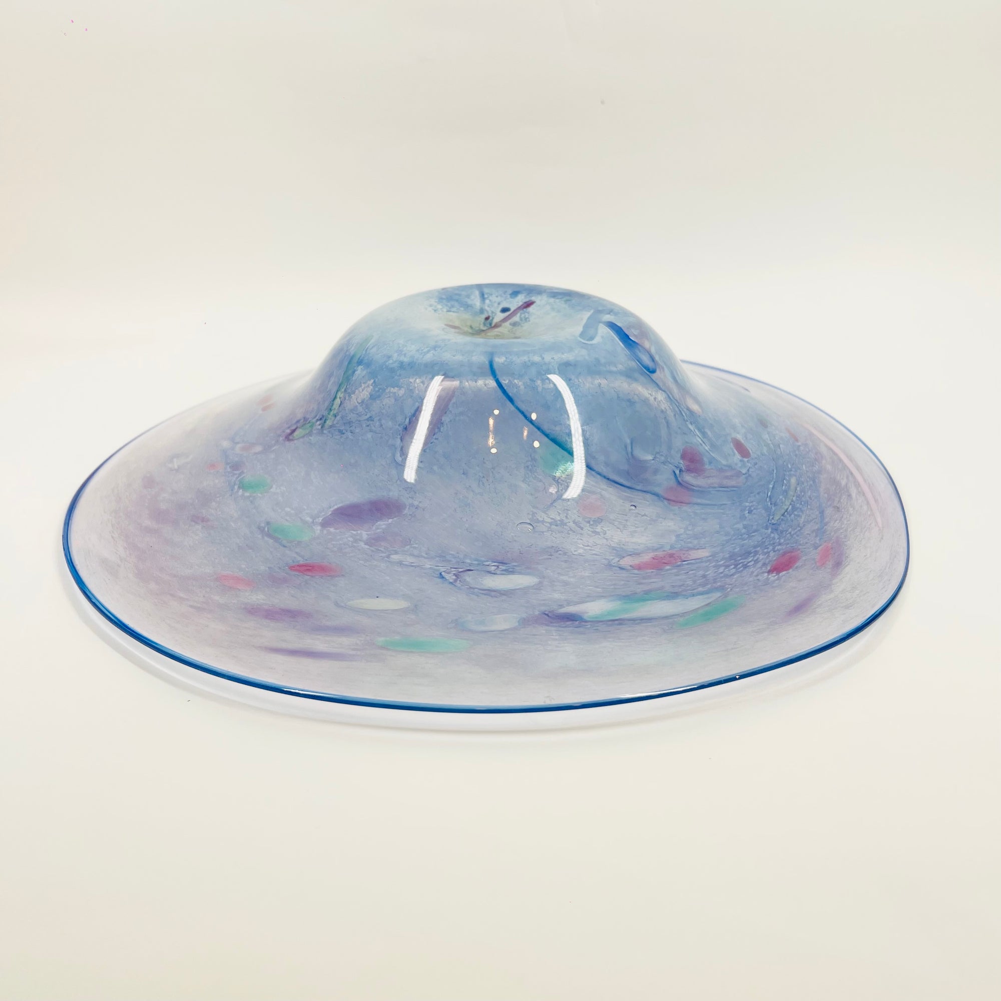 1980s MOUTH BLOWN PURPLE BLUE CONFETTI ART GLASS BOWL BY SETSUKO OGISHI