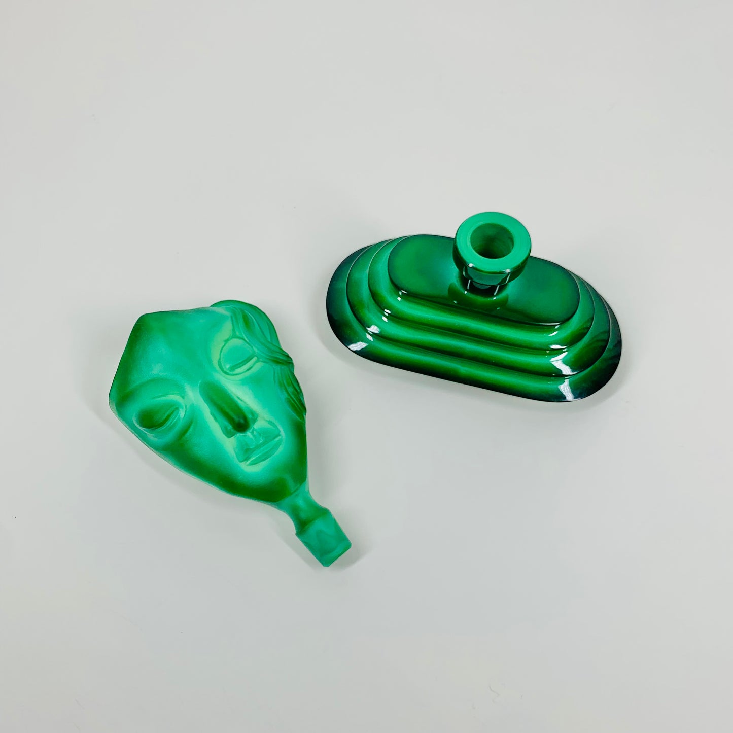 ART DECO THEATRE MASK MALACHITE GLASS PERFUME BOTTLE