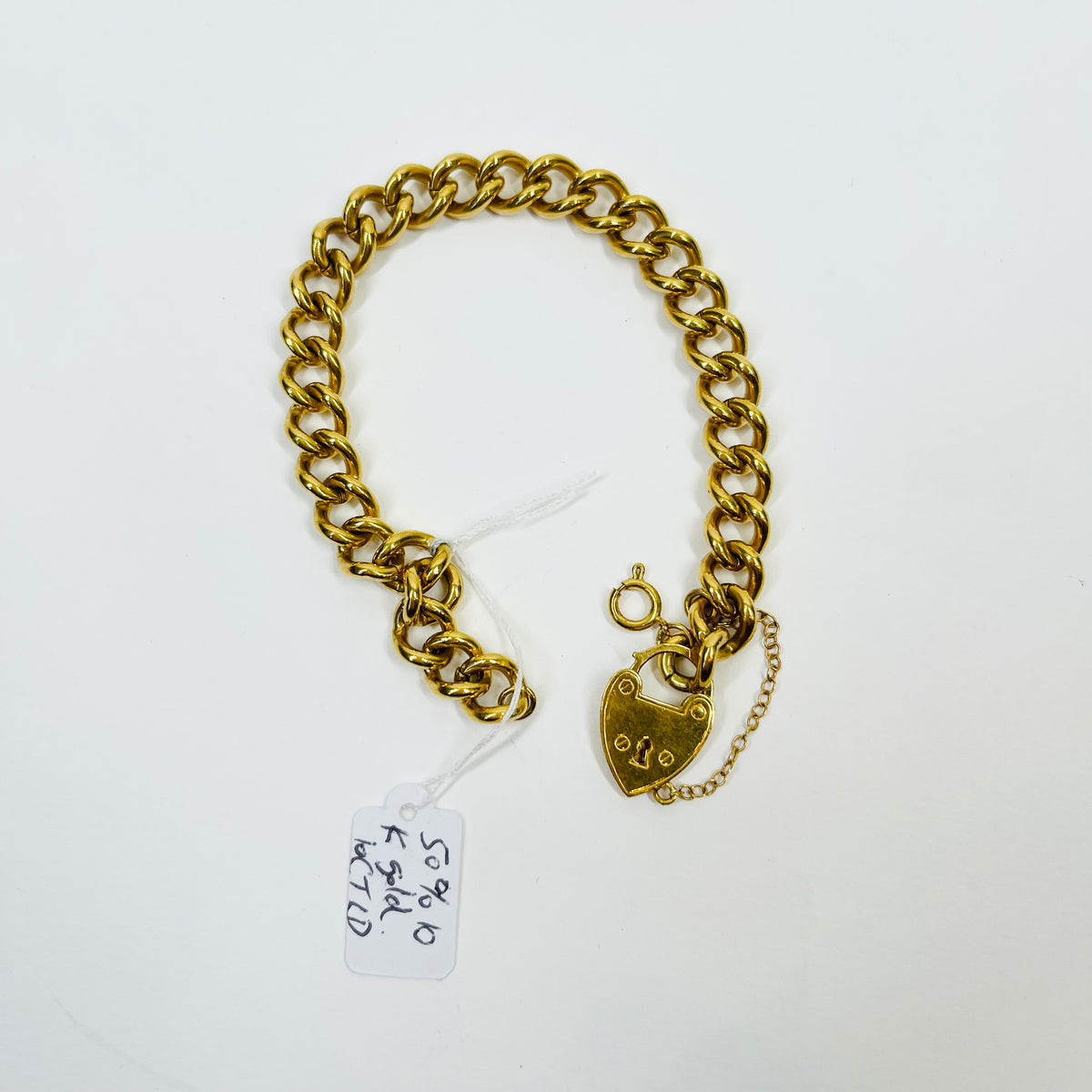 ANTIQUE WIDE CURB LINKS HEART LOCKET GOLD FILLED BRACELET