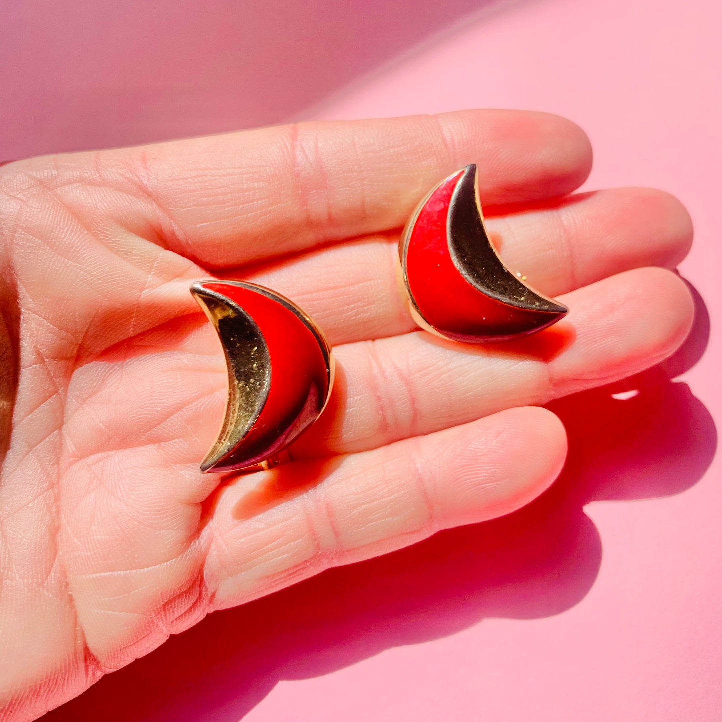 RED ENAMEL CRESCENT MOON EARRINGS