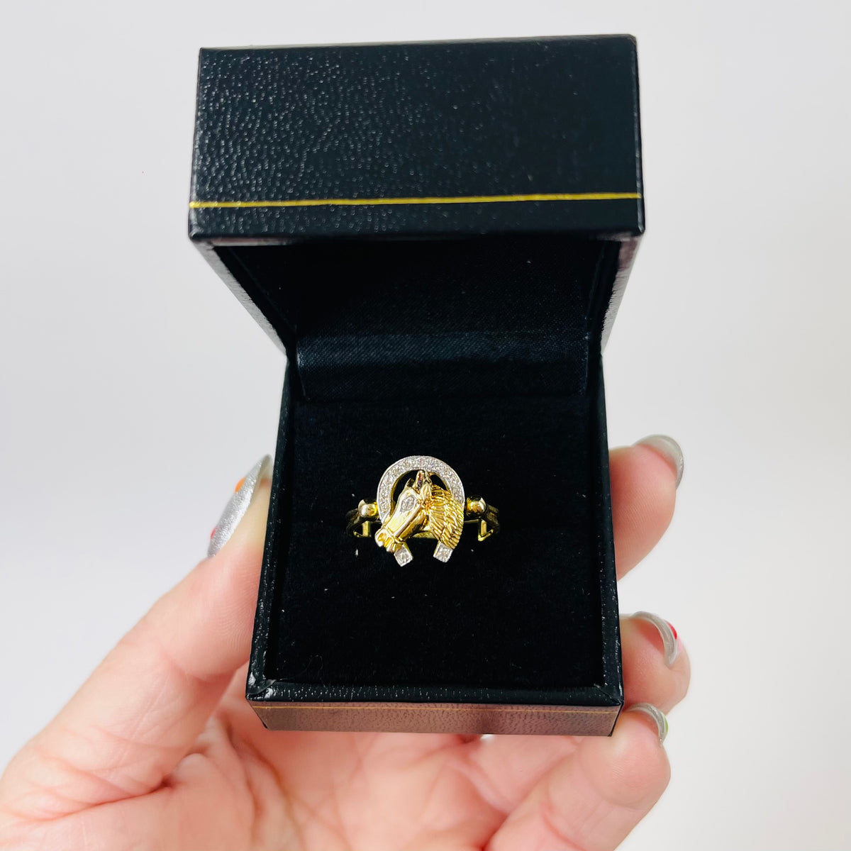 ANTIQUE 22K GOLD HORSESHOE SPINNER RING WITH DIAMOND PAVE