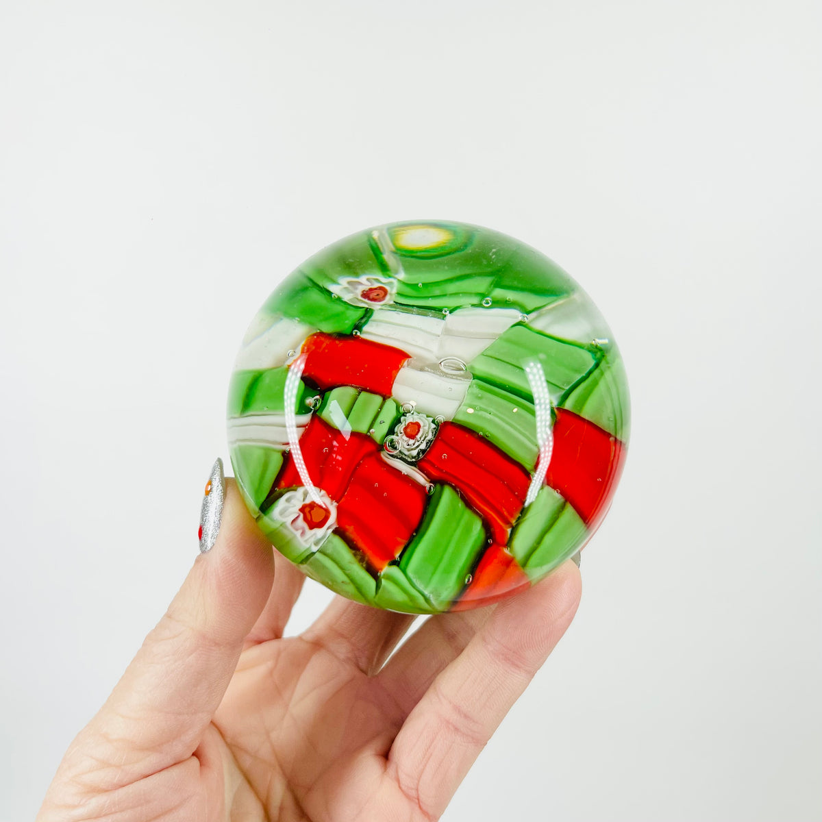 1960s RED GREEN MILLEFIORI CANDY CANE PAPERWEIGHT