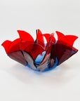 1980s HAND MADE RED COBALT BLUE FUSED GLASS HANDKERCHIEF BOWL