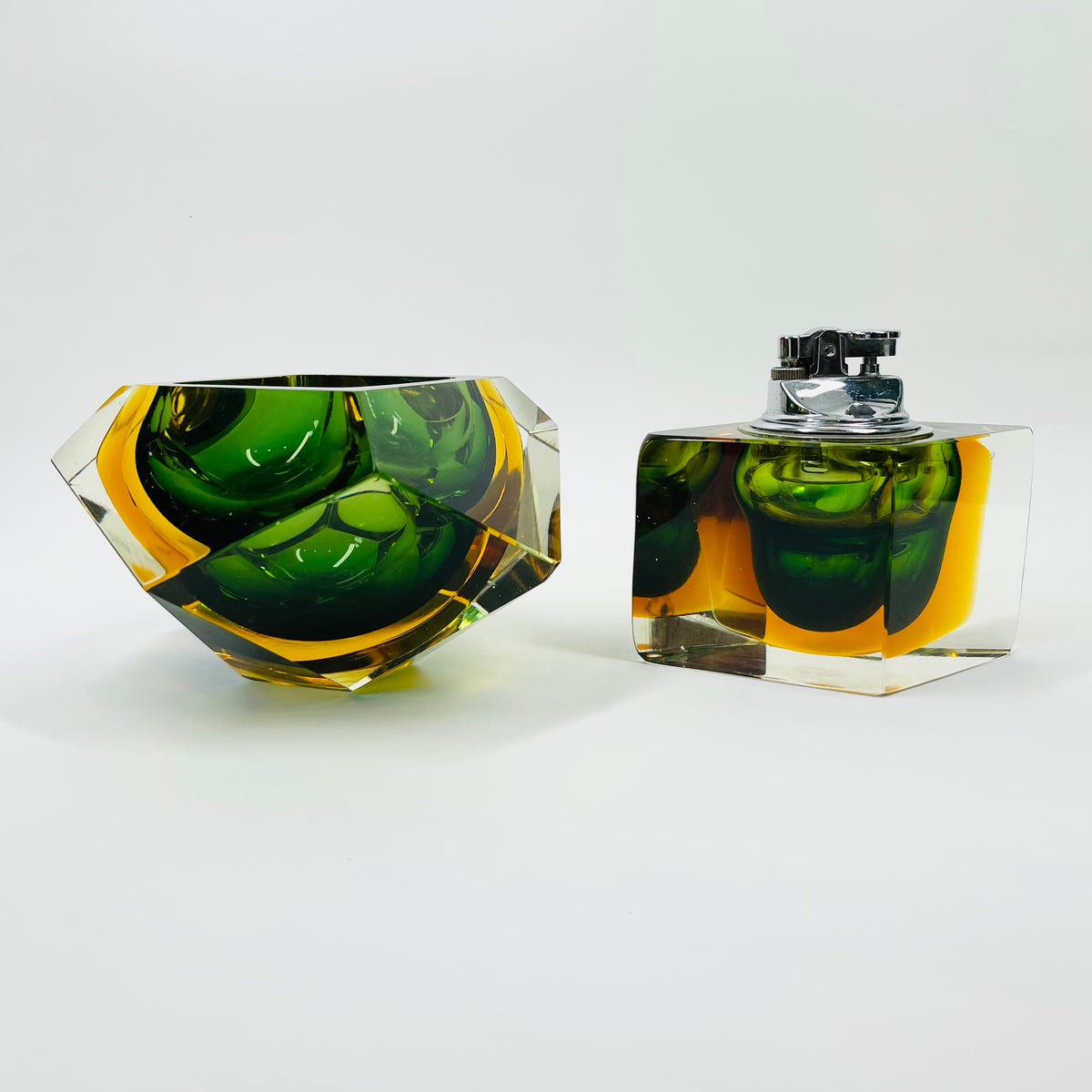 1940s GREEN GOLD AMBER MURANO MANDRUZZATO SOMMERSO FACETED GLASS LIGHTER BOX