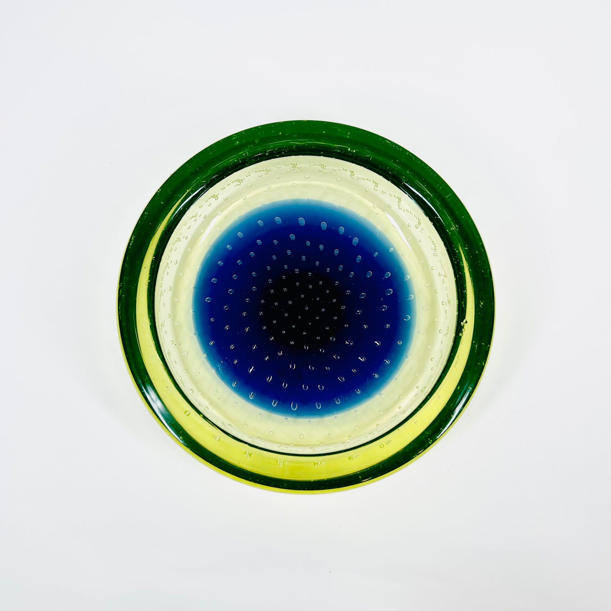 1950s GREEN BLUE MURANO URANIUM SOMMERSO GLASS BOWL/ASHTRAY WITH CONTROLLED BUBBLES