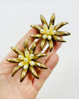 1950s LARGE COSTUME PEARL STARBURST FLOWER CLIP ON EARRINGS