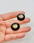 1960s BLACK ENAMEL OVAL SOLITAIRE CLIP ON EARRINGS