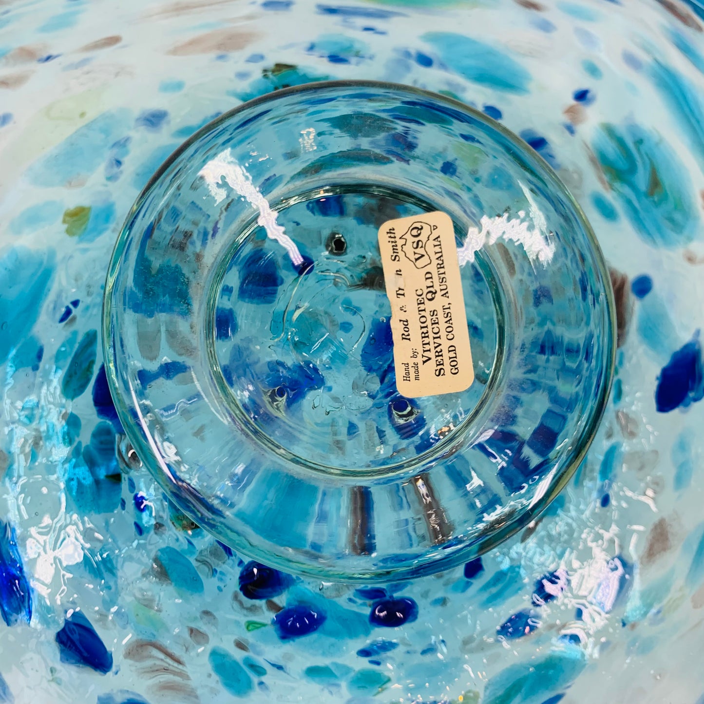 1990s MOUTH BLOWN BLUE ART GLASS SPATTER BOWL