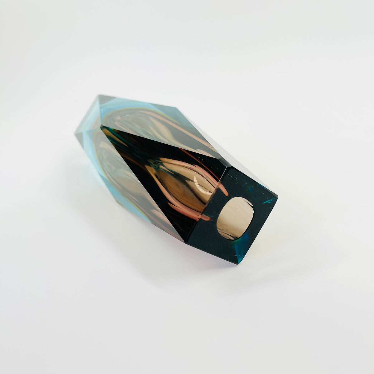 1960s BROWN YELLOW TURQUOISE MURANO SOMMERSO FACETED GLASS BLOCK VASE